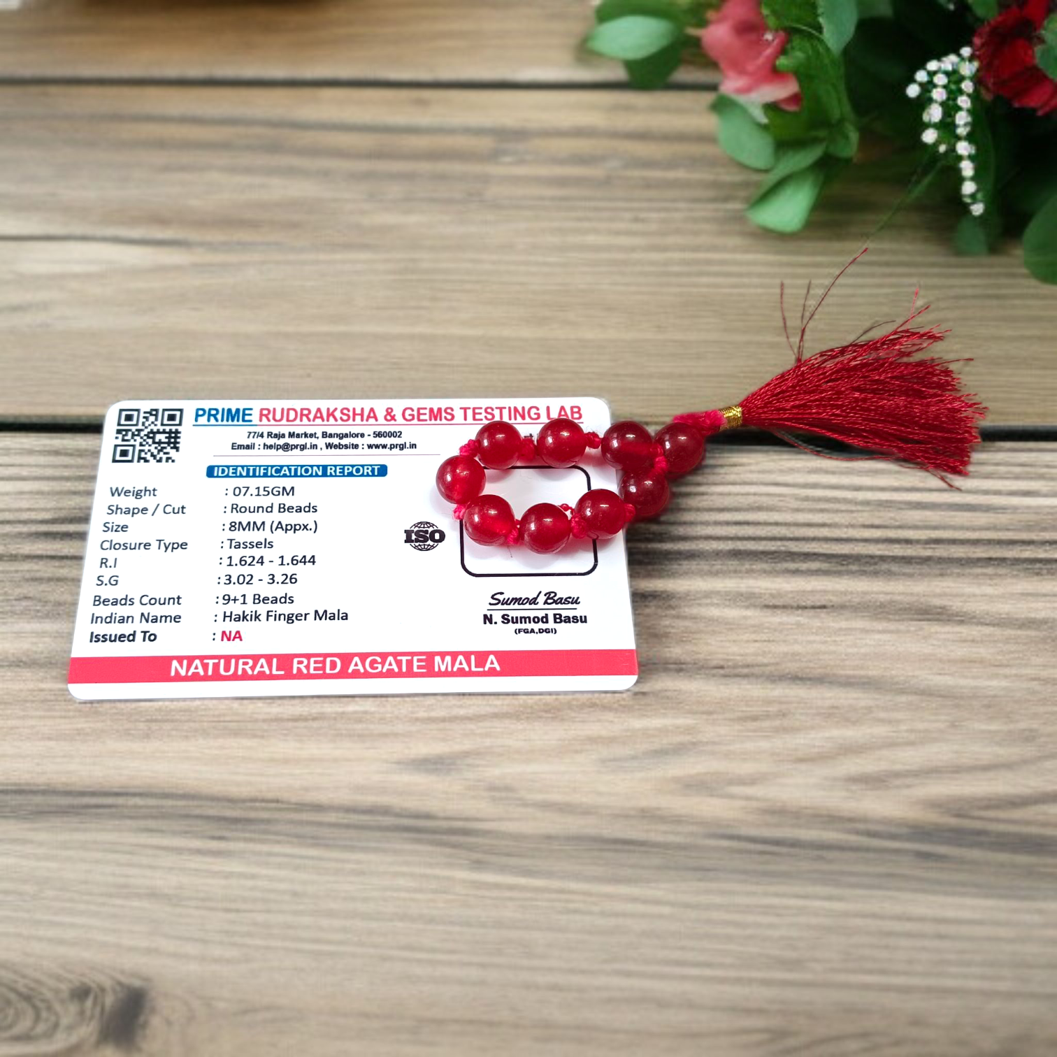 Natural Red Agate Finger Mala featuring 9+1 smooth 8mm Red Hakik beads, lab-certified gemstone mala used for protection, grounding, and meditation