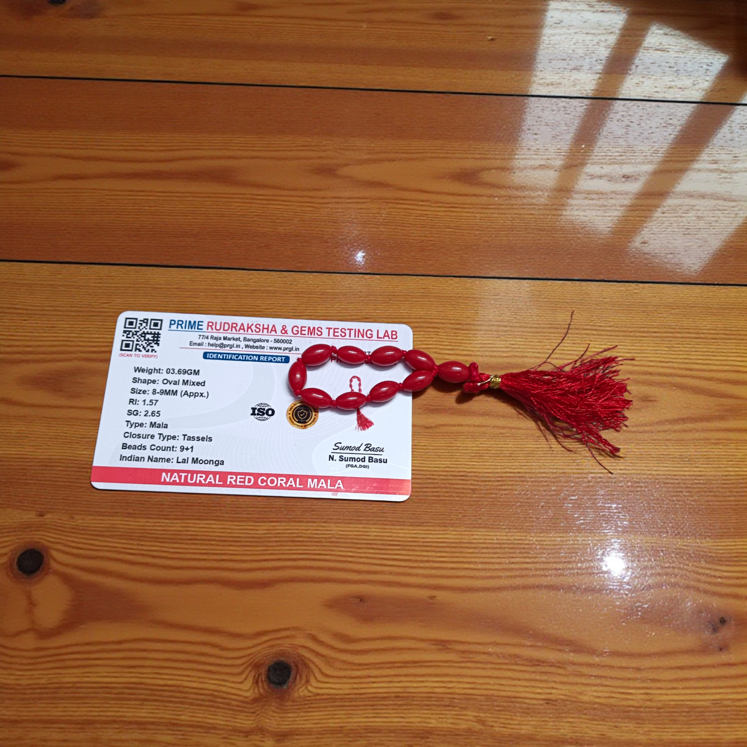 Natural Red Coral Finger Mala 9+1 Beads Lal Moonga Mala 8-9mm Lab Certified