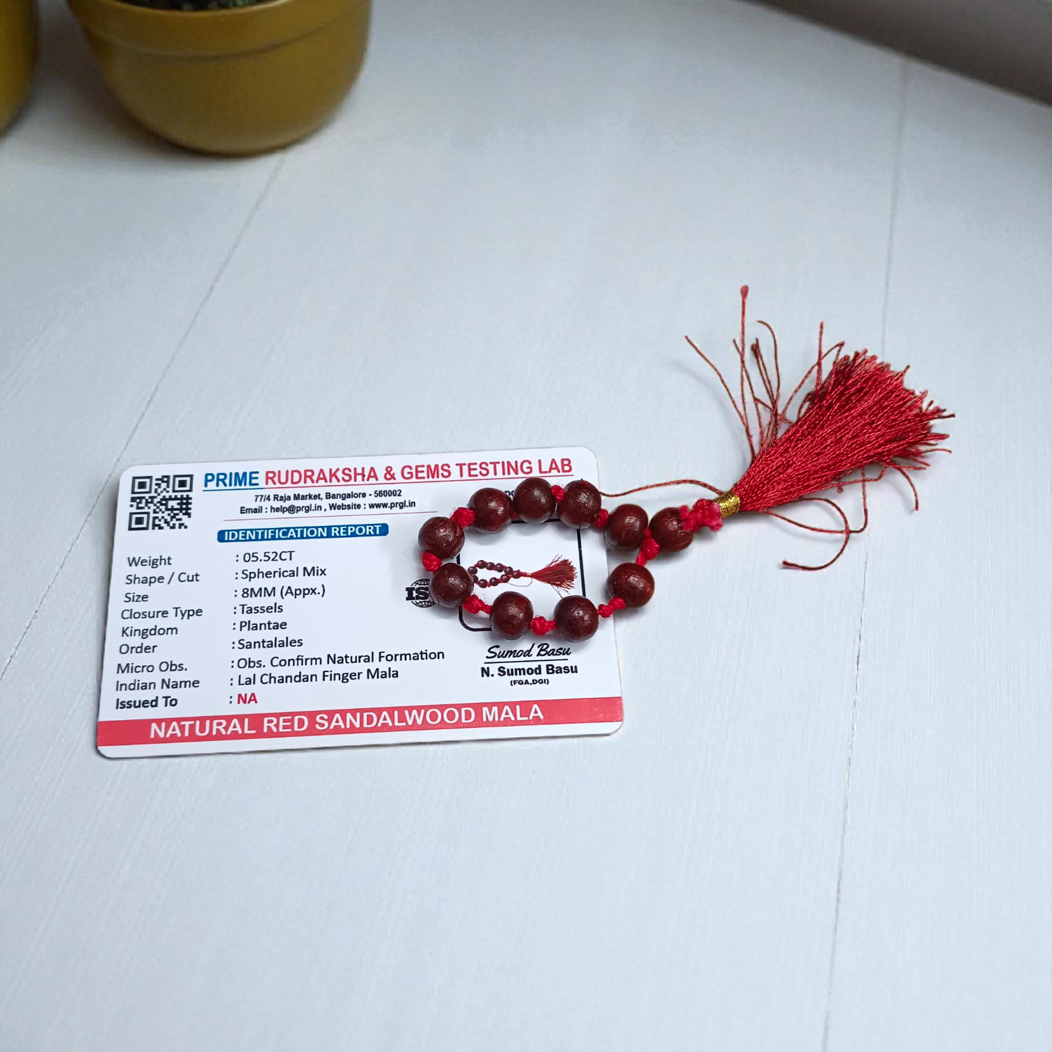 Natural Red Sandalwood Finger Mala featuring 9+1 smooth 8mm Lal Chandan beads, lab-certified mala used for meditation, prayer, and spiritual purity