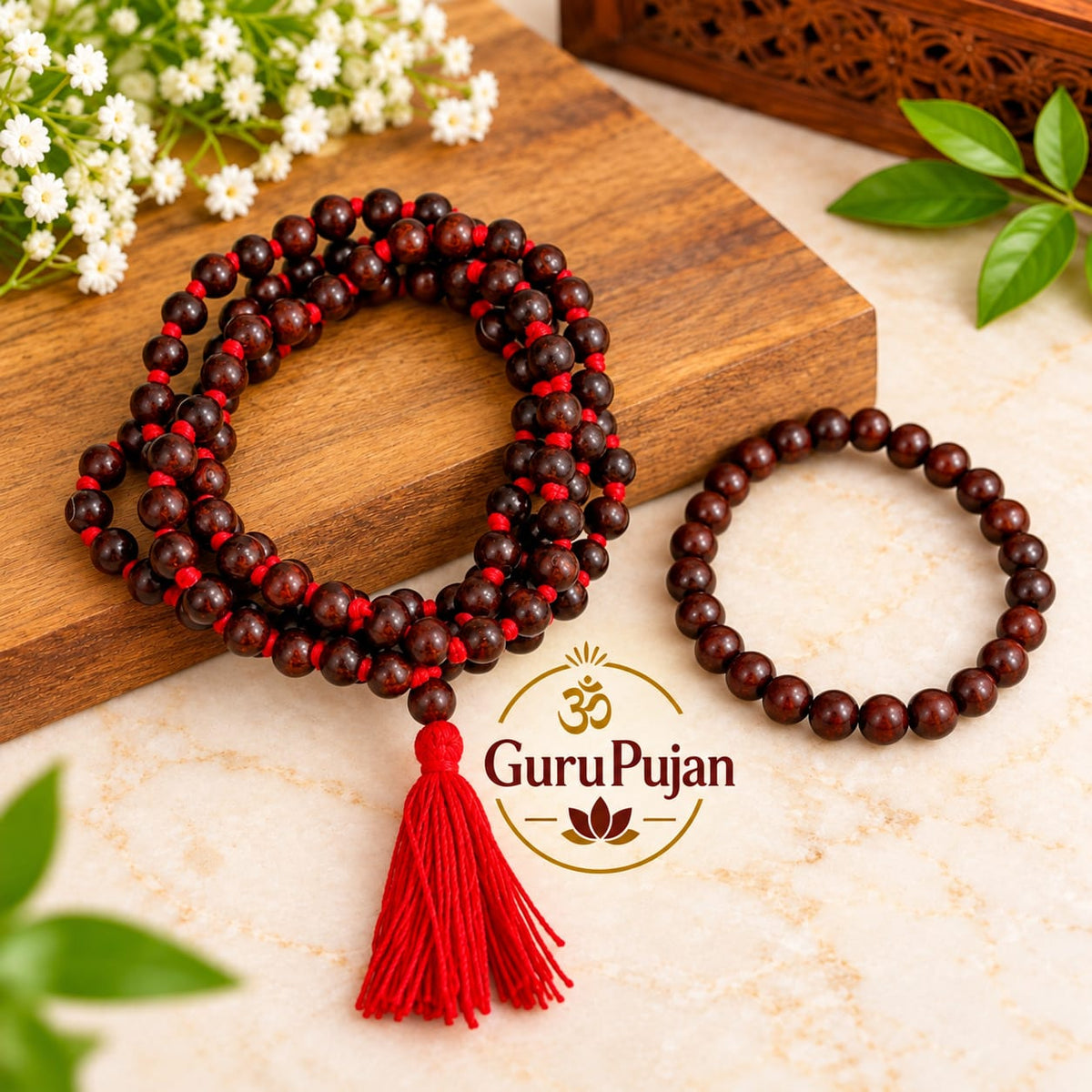 Natural Red Sandalwood Lal Chandan Mala and Bracelet Combo Lab Certified Gurupujan
