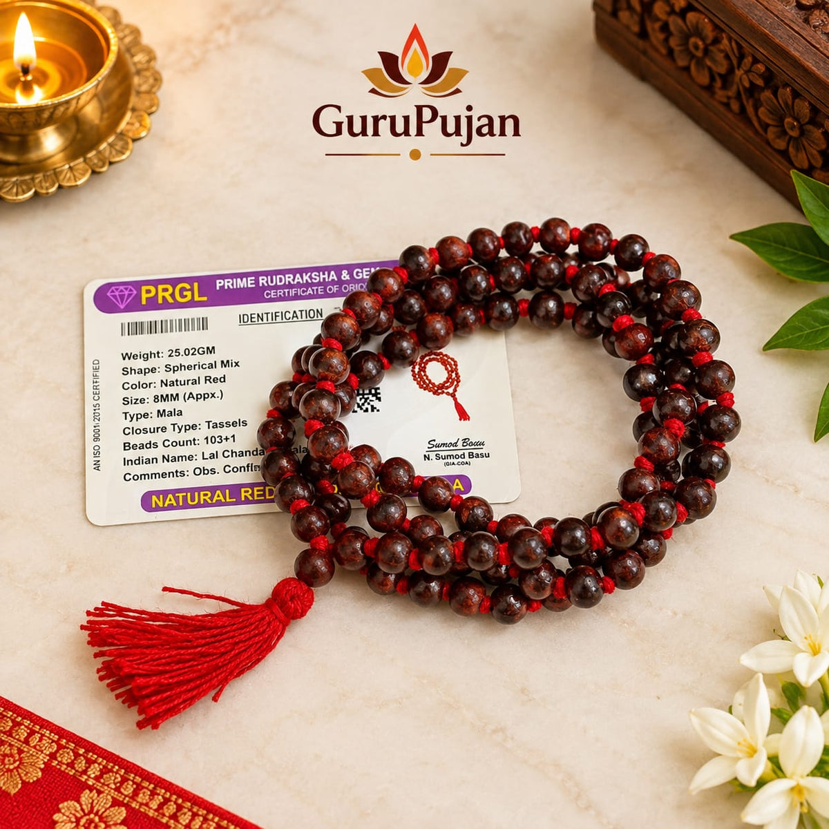 Natural Red Sandalwood Lal Chandan Mala and Bracelet Combo Lab Certified Gurupujan
