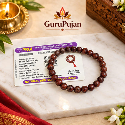 Natural Red Sandalwood Lal Chandan Mala and Bracelet Combo Lab Certified Gurupujan