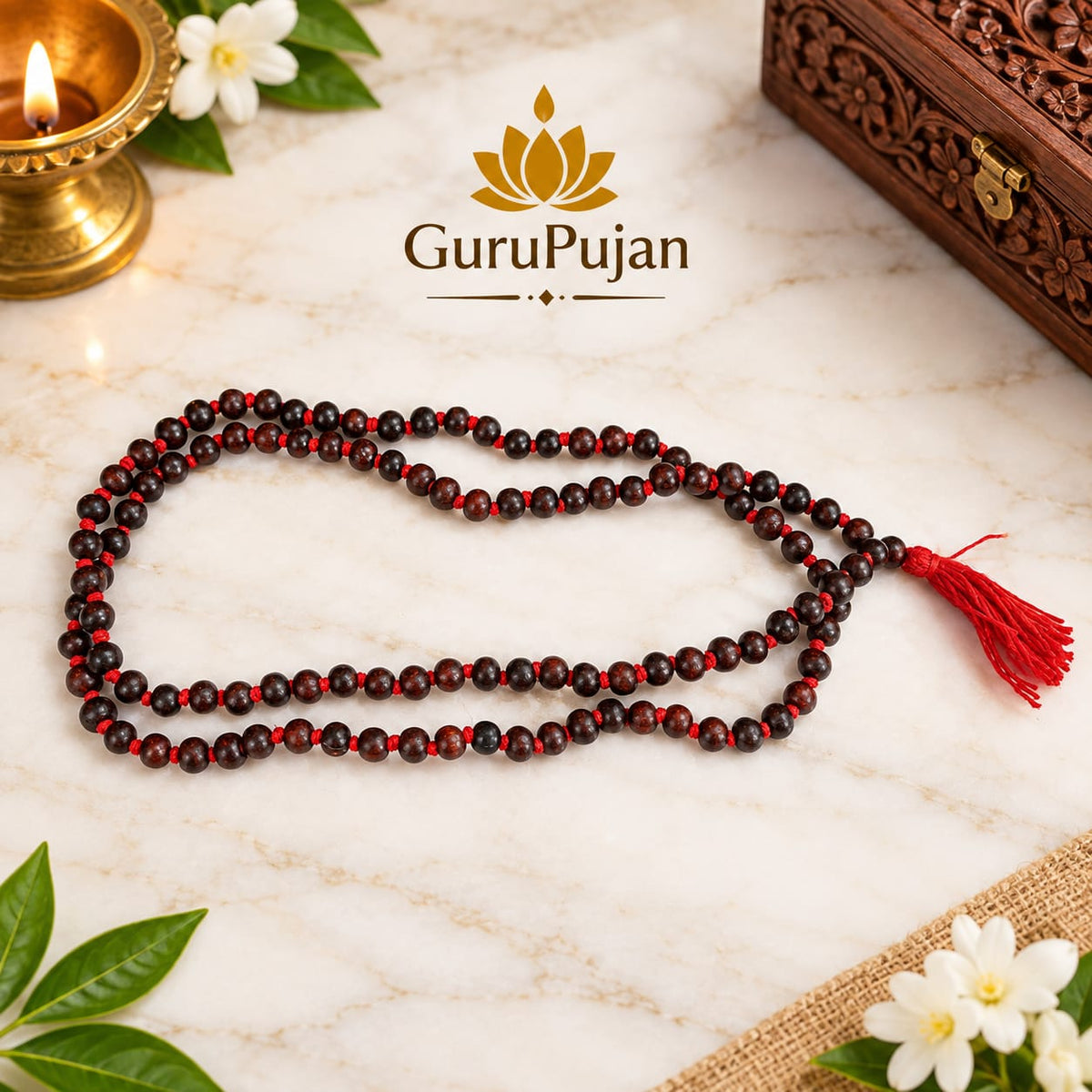 Natural Red Sandalwood Lal Chandan Mala and Bracelet Combo Lab Certified Gurupujan