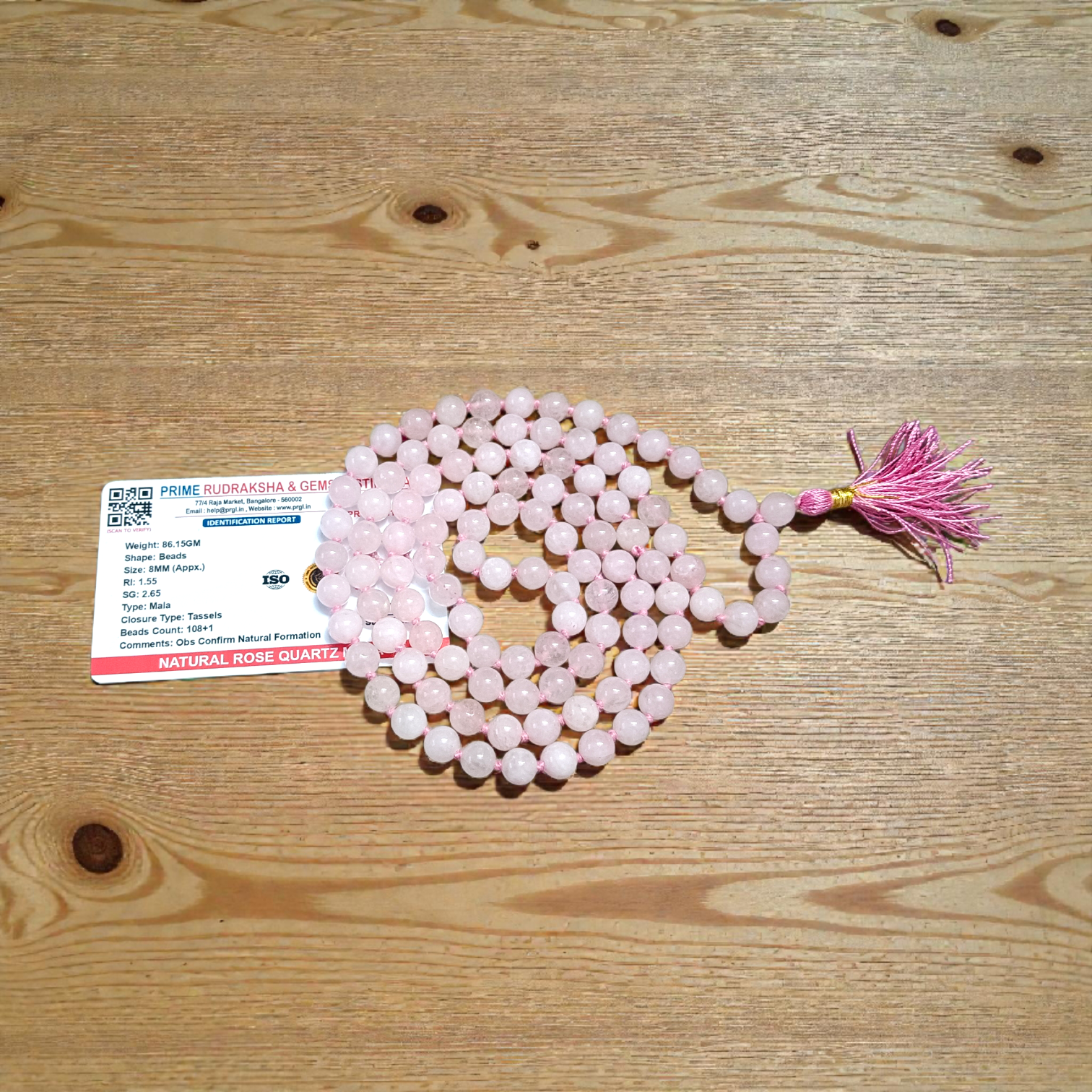 Natural Rose Quartz Mala with 108+1 and 27+1 pink 8mm beads for meditation and heart chakra healing