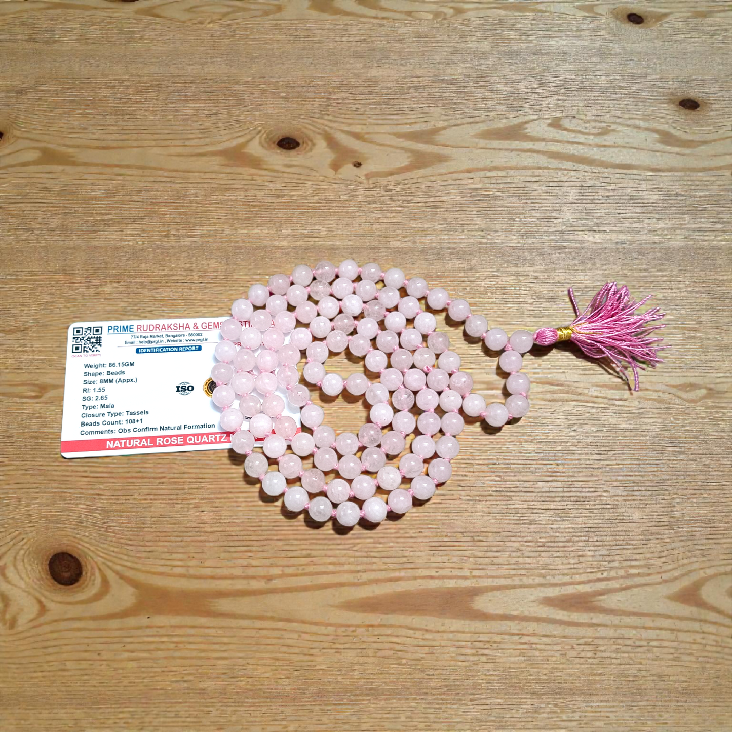 Natural Rose Quartz Mala with 108+1 and 27+1 pink 8mm beads for meditation and heart chakra healing
