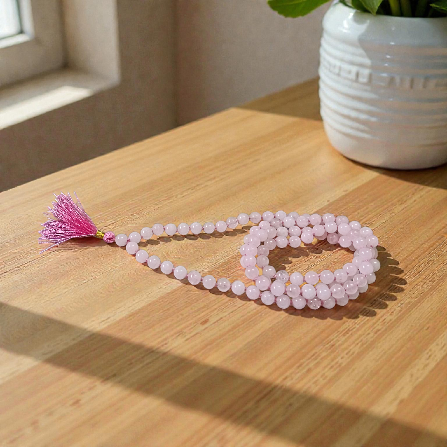 Natural Rose Quartz Mala with 108+1 and 27+1 pink 8mm beads for meditation and heart chakra healing