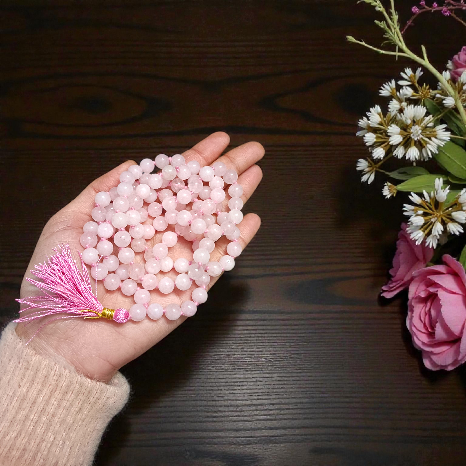 Natural Rose Quartz Mala with 108+1 and 27+1 pink 8mm beads for meditation and heart chakra healing