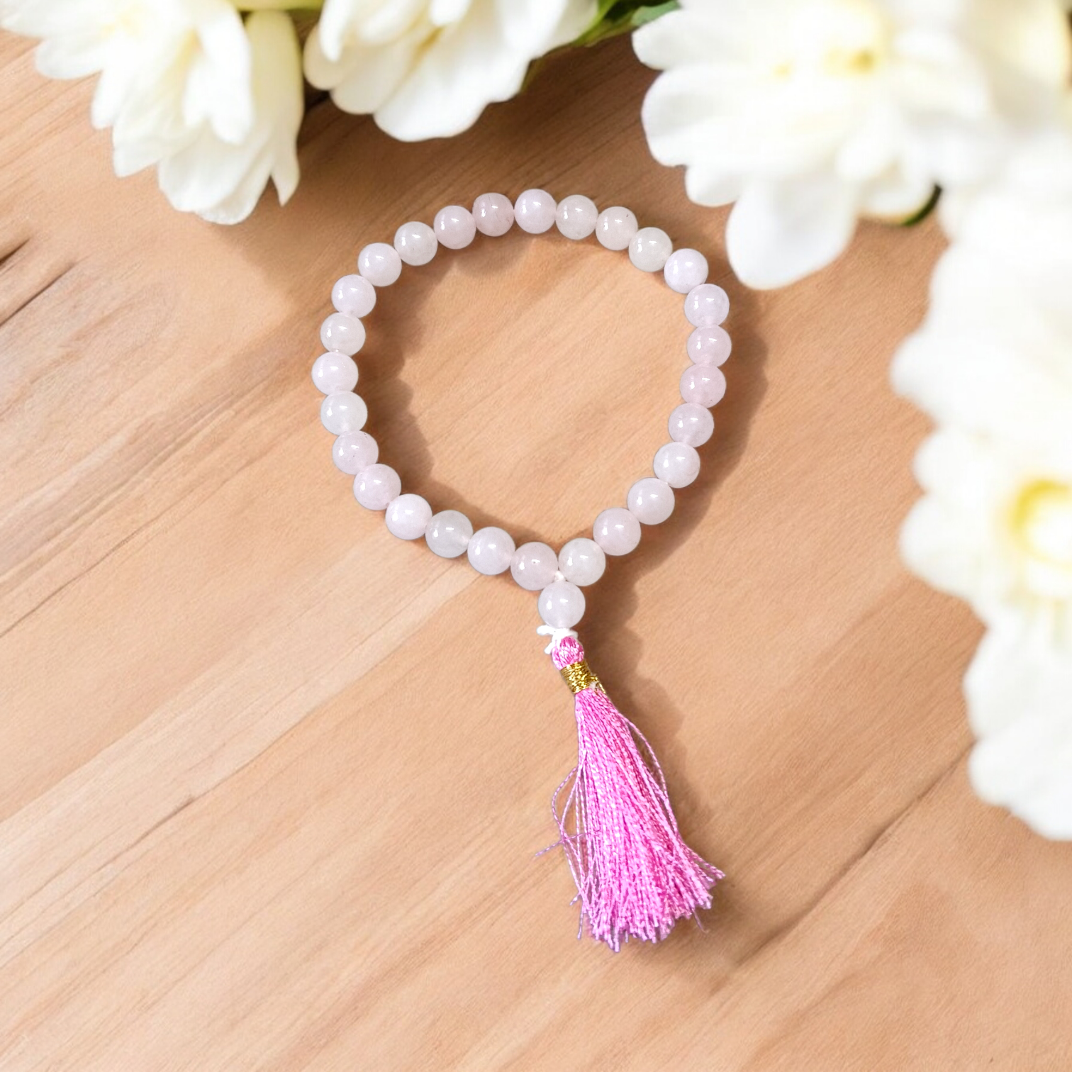 Natural Rose Quartz Mala with 108+1 and 27+1 pink 8mm beads for meditation and heart chakra healing