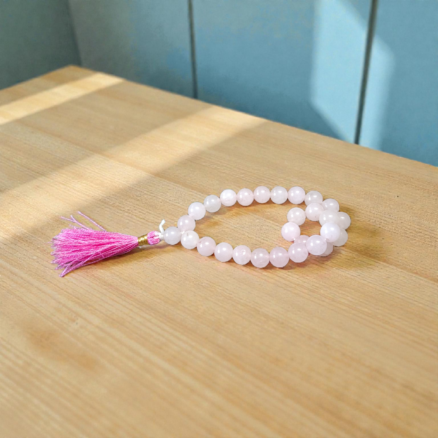 Natural Rose Quartz Mala with 108+1 and 27+1 pink 8mm beads for meditation and heart chakra healing