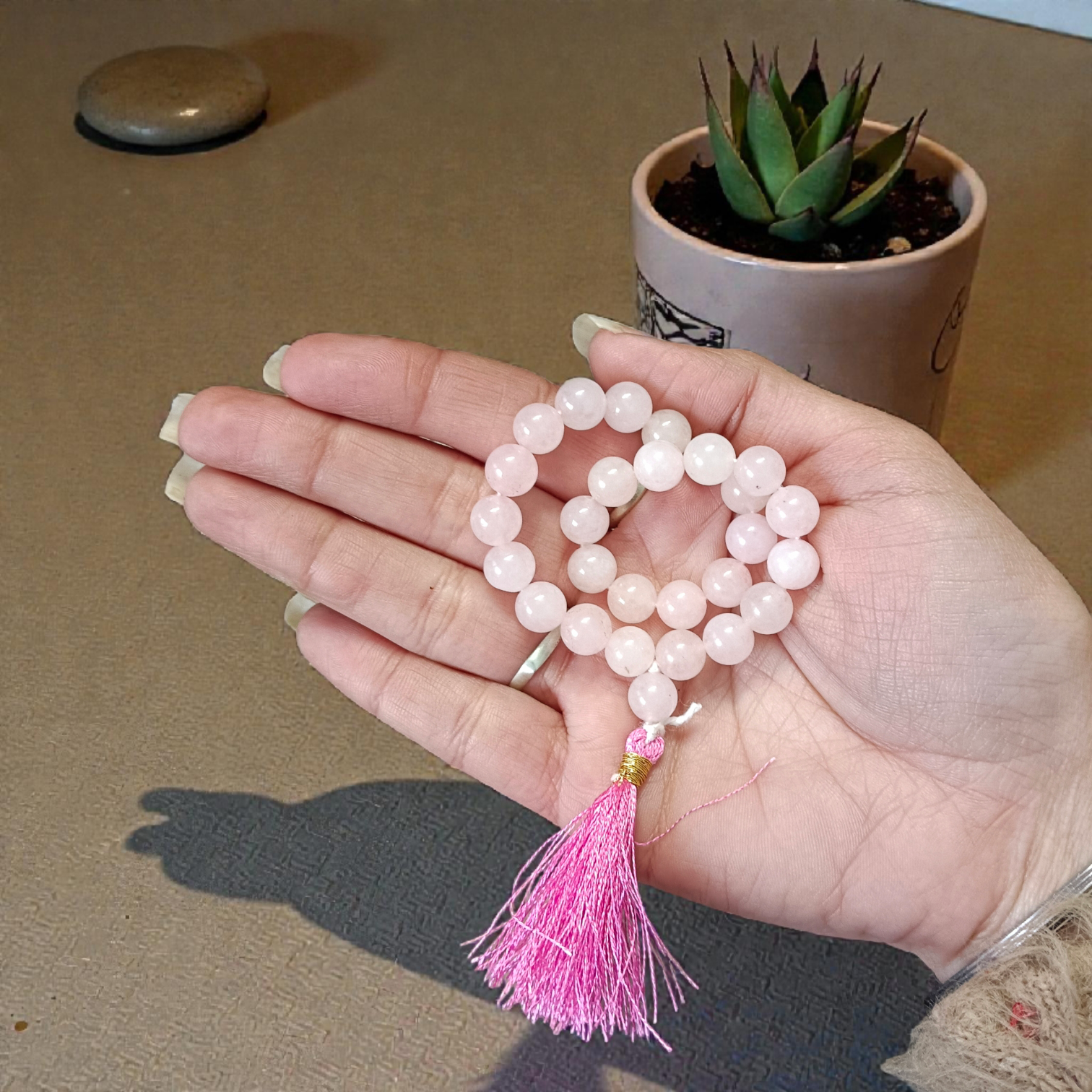 Natural Rose Quartz Mala with 108+1 and 27+1 pink 8mm beads for meditation and heart chakra healing