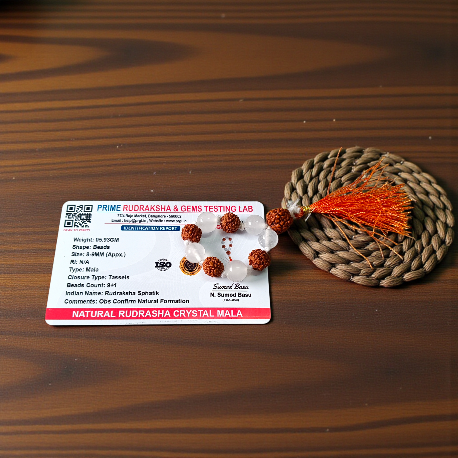 Natural Rudraksha Crystal Finger Mala 9+1 Beads Lab Certified 8–9mm