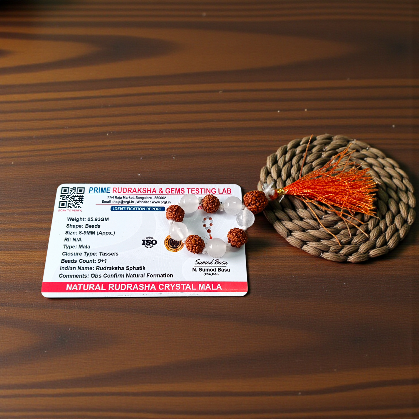 Natural Rudraksha Crystal Finger Mala 9+1 Beads Lab Certified 8–9mm