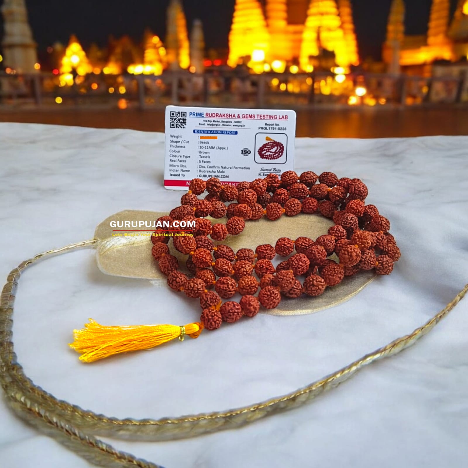 Natural Rudraksha Mala with 5 Mukhi beads, available in different variants for Jaap, meditation, and wearing, lab-certified for authenticity.