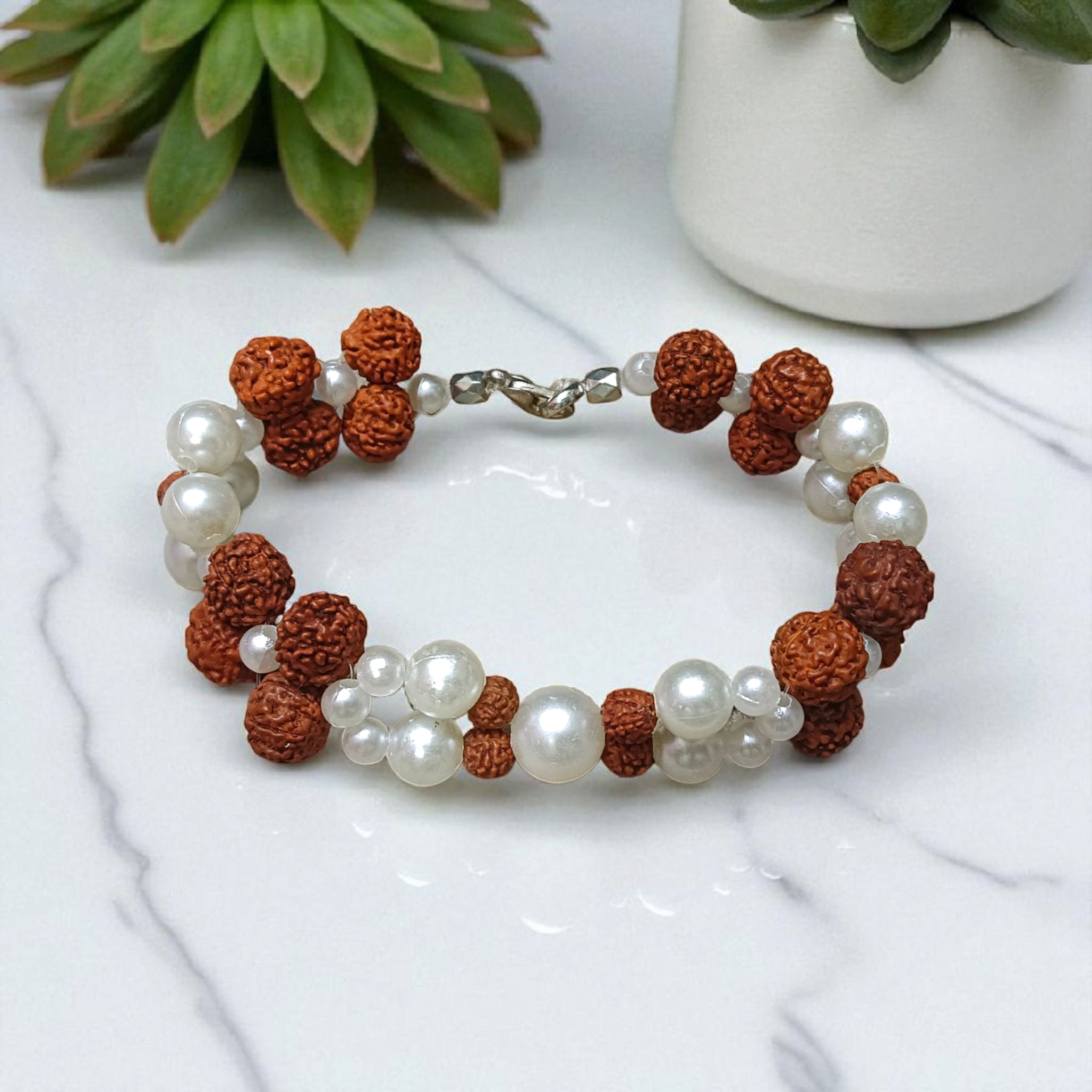 Natural Rudraksha and Pearl Bracelet for Spiritual Healing and Meditation, Lab Certified
