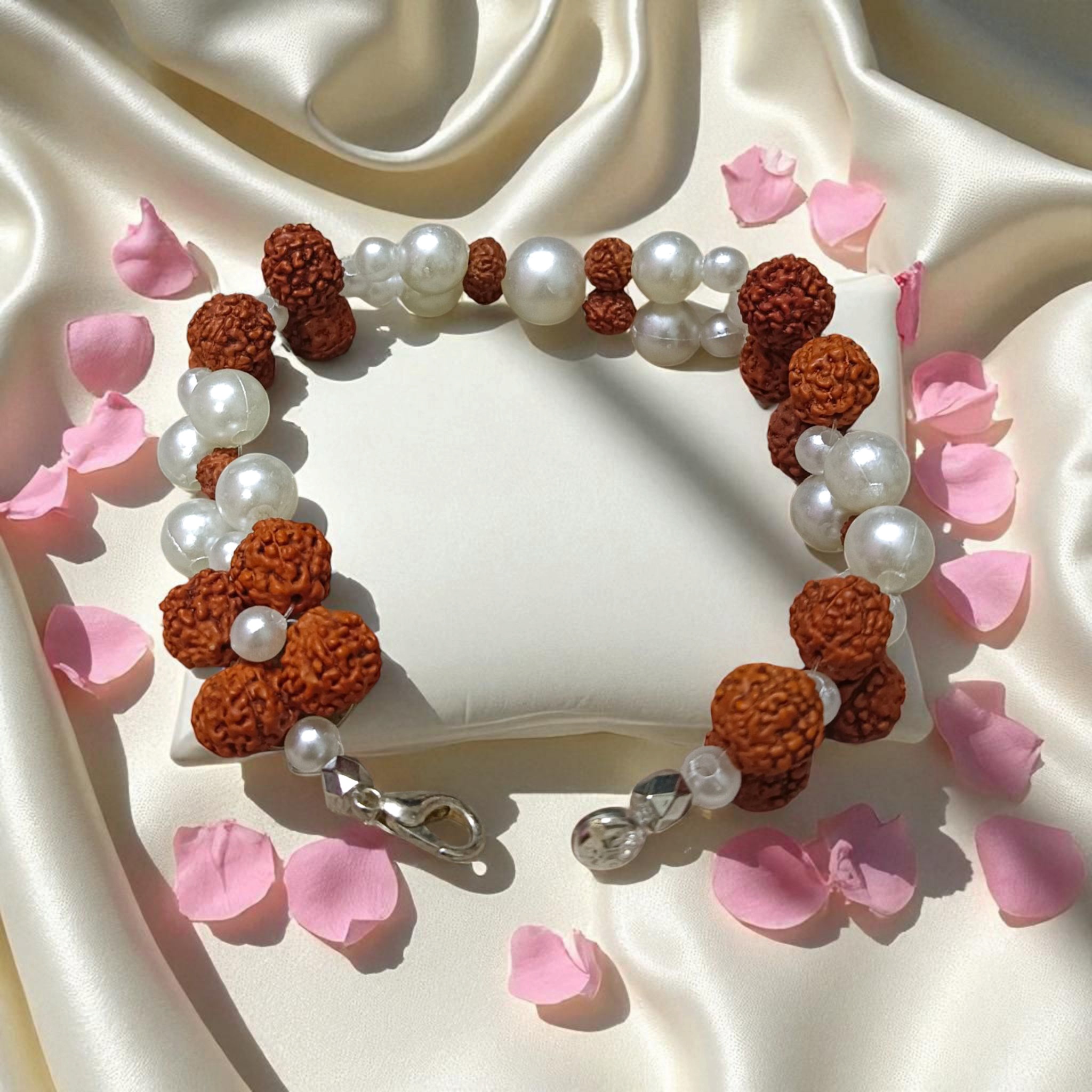 Natural Rudraksha and Pearl Bracelet for Spiritual Healing and Meditation, Lab Certified