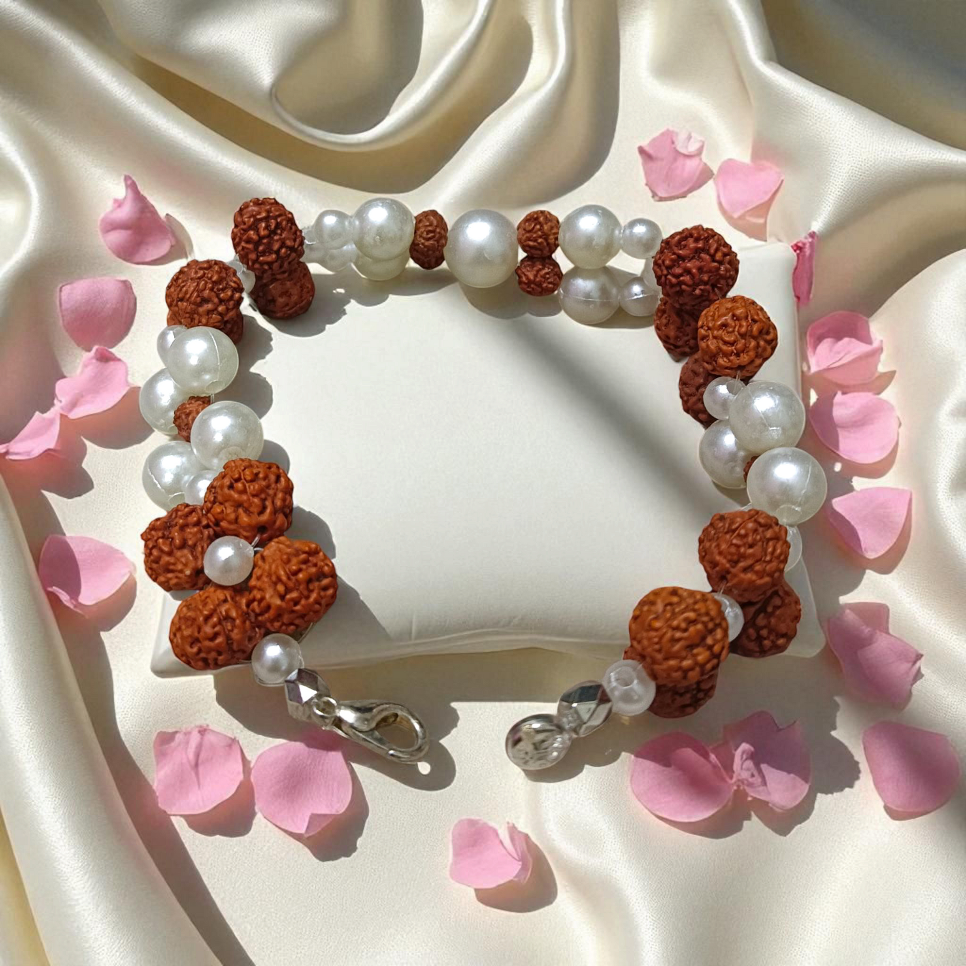 Natural Rudraksha and Pearl Bracelet for Spiritual Healing and Meditation, Lab Certified