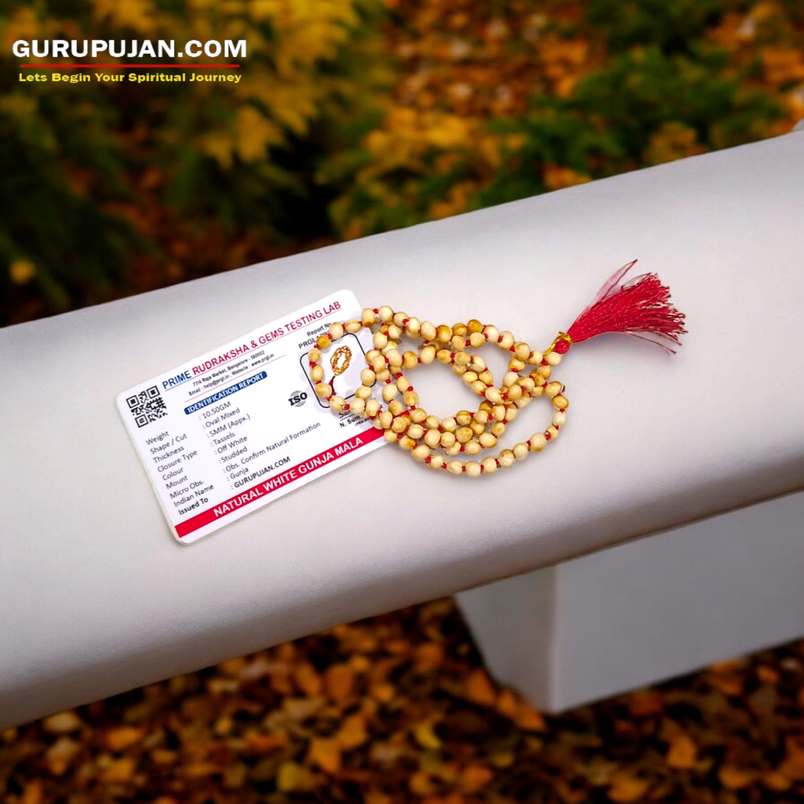 Natural Safed Gunja Mala made from premium white Chirmi beads, available in various styles for jaap and wearing, with lab certification.