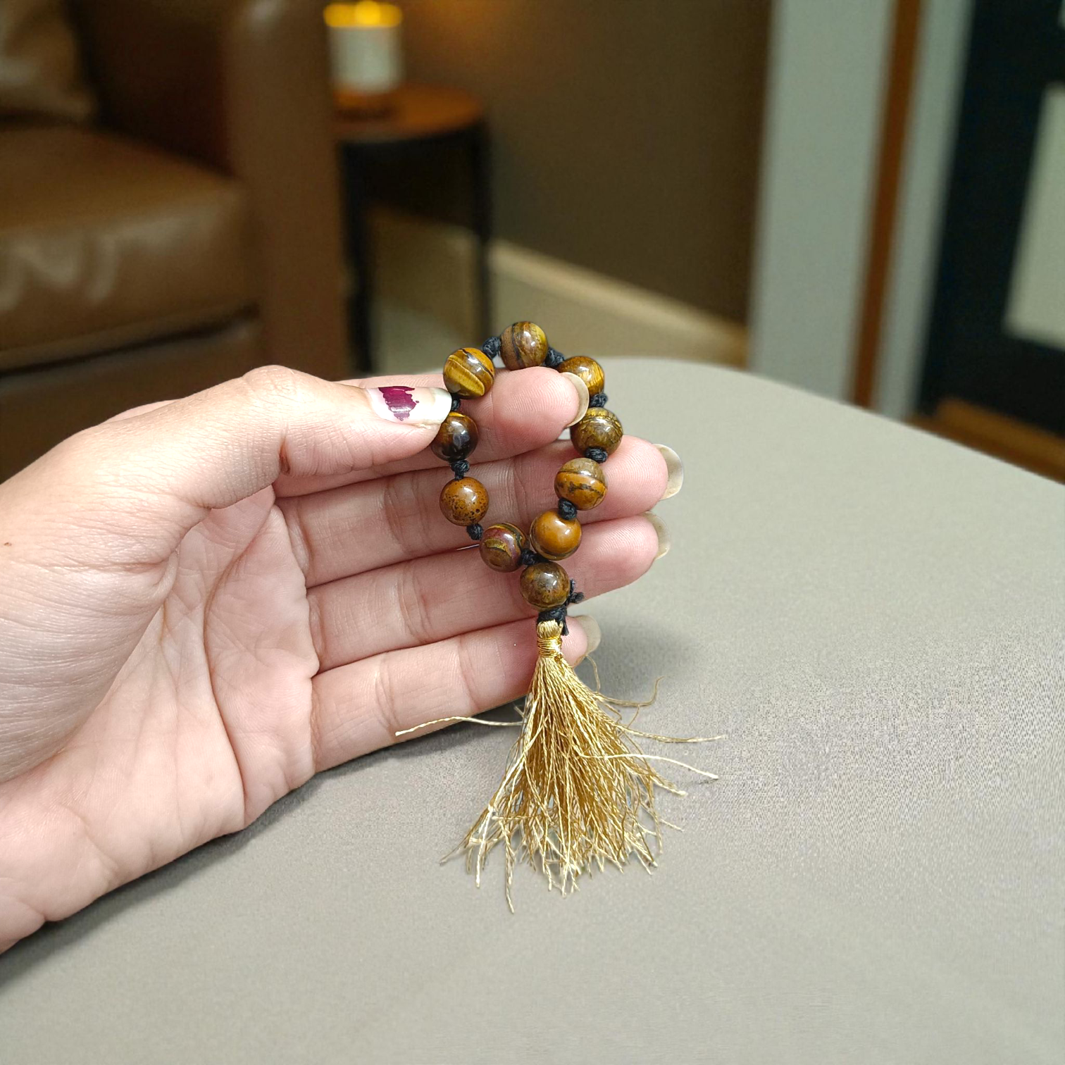 Natural Tiger Eye Finger Mala with 9+1 smooth 8mm golden-brown beads, lab-certified gemstone mala used for meditation, healing, and protection