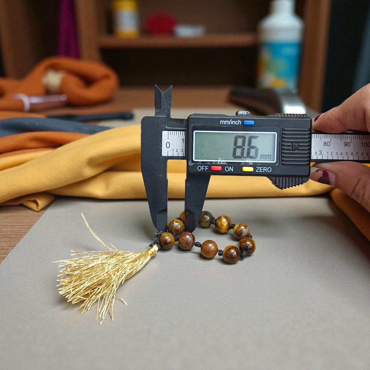 Natural Tiger Eye Finger Mala with 9+1 smooth 8mm golden-brown beads, lab-certified gemstone mala used for meditation, healing, and protection
