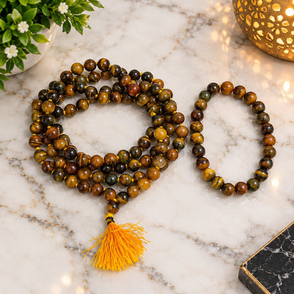 Natural Tiger Eye Mala and Bracelet Combo Lab Certified Meditation Set