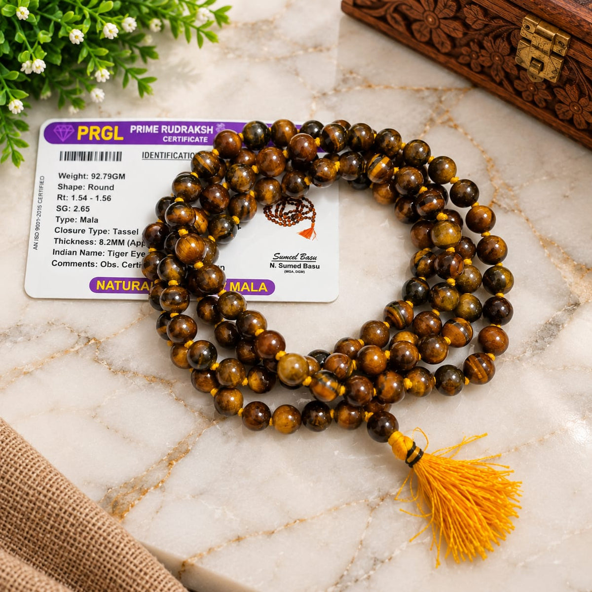 Natural Tiger Eye Mala and Bracelet Combo Lab Certified Meditation Set