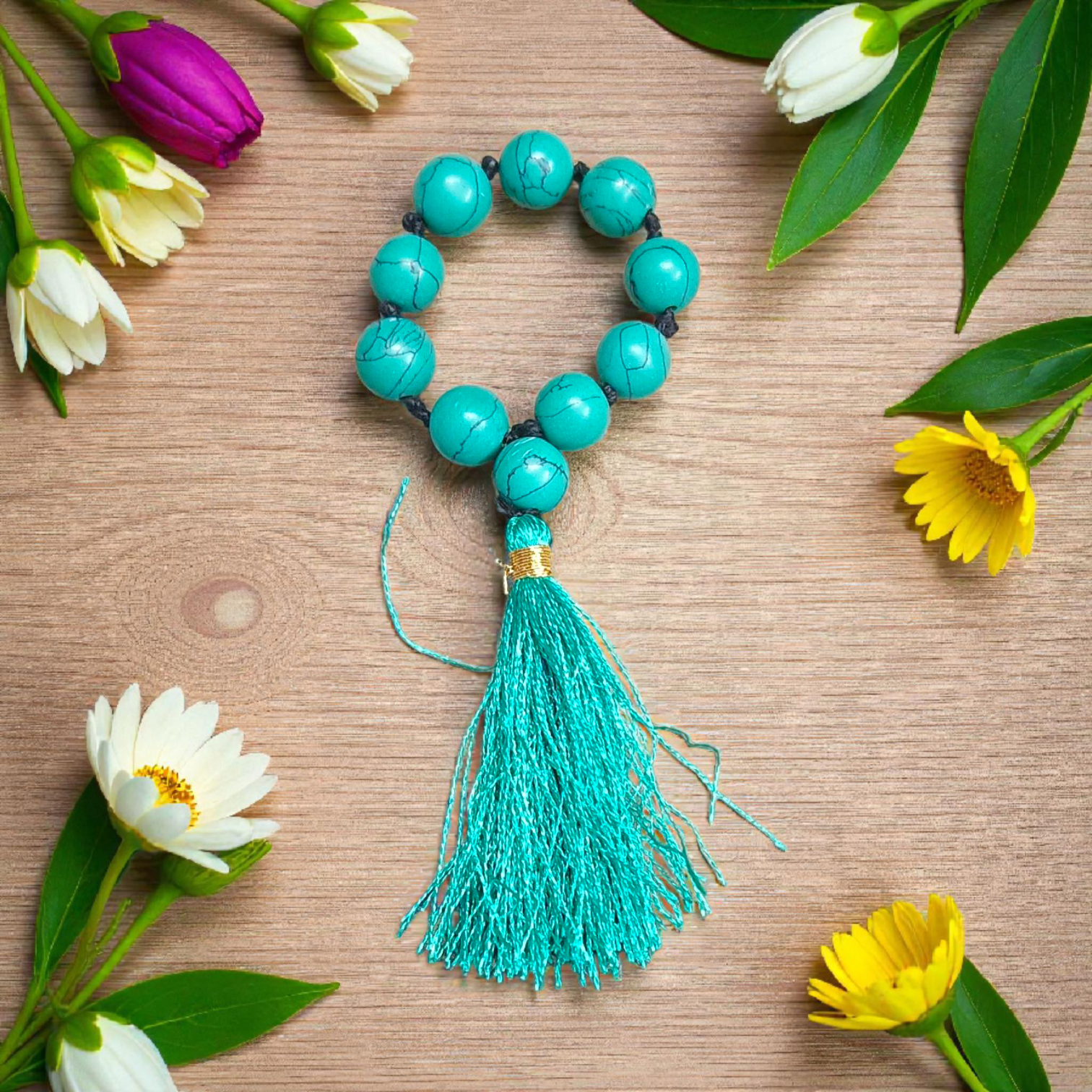 Natural Turquoise Finger Mala featuring 9+1 smooth 8mm Firoza beads, lab-certified gemstone mala used for meditation, peace, and spiritual awakening