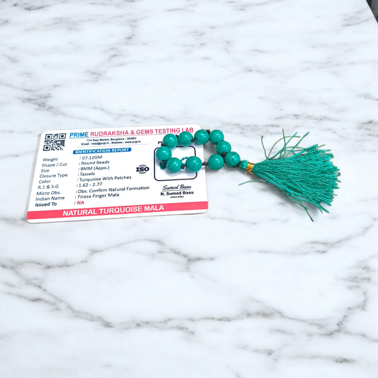 Natural Turquoise Finger Mala featuring 9+1 smooth 8mm Firoza beads, lab-certified gemstone mala used for meditation, peace, and spiritual awakening
