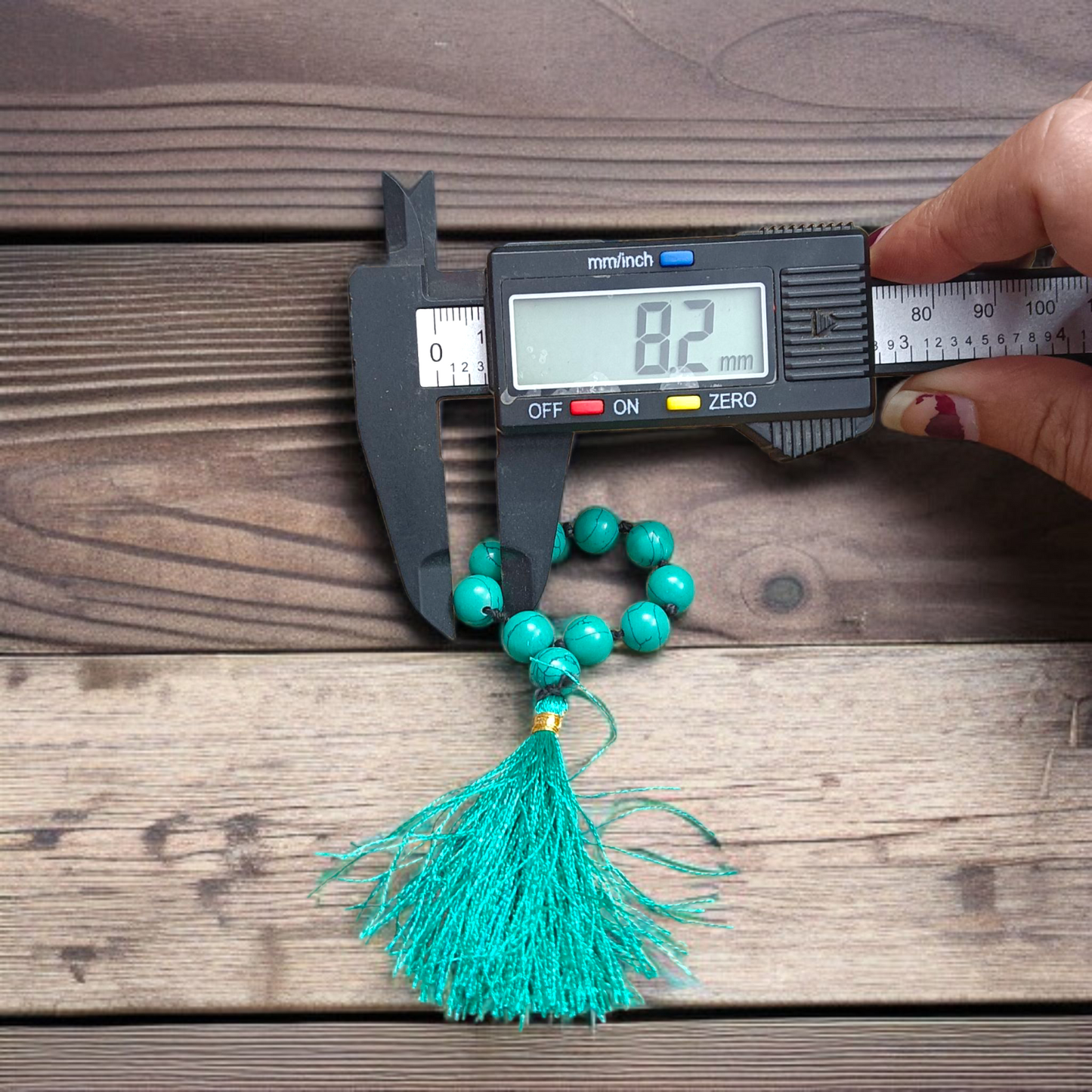 Natural Turquoise Finger Mala featuring 9+1 smooth 8mm Firoza beads, lab-certified gemstone mala used for meditation, peace, and spiritual awakening