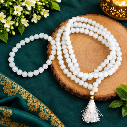 Natural White Hakik Mala and White Hakik Bracelet Lab Certified Combo Set