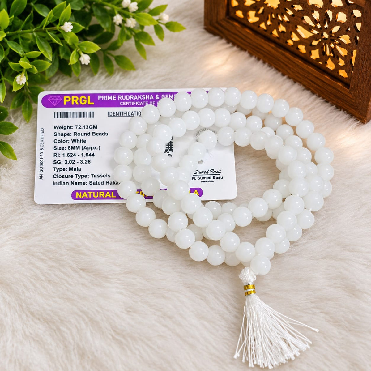 Natural White Hakik Mala and White Hakik Bracelet Lab Certified Combo Set