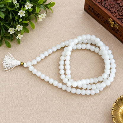 Natural White Hakik Mala and White Hakik Bracelet Lab Certified Combo Set