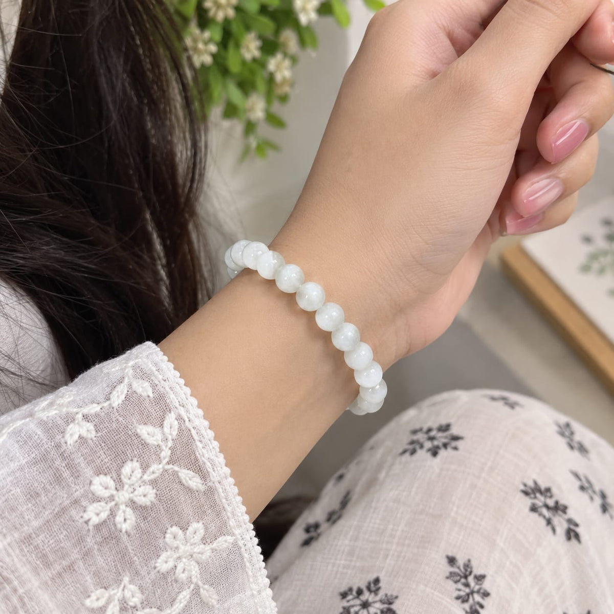 Natural White Hakik Mala and White Hakik Bracelet Lab Certified Combo Set