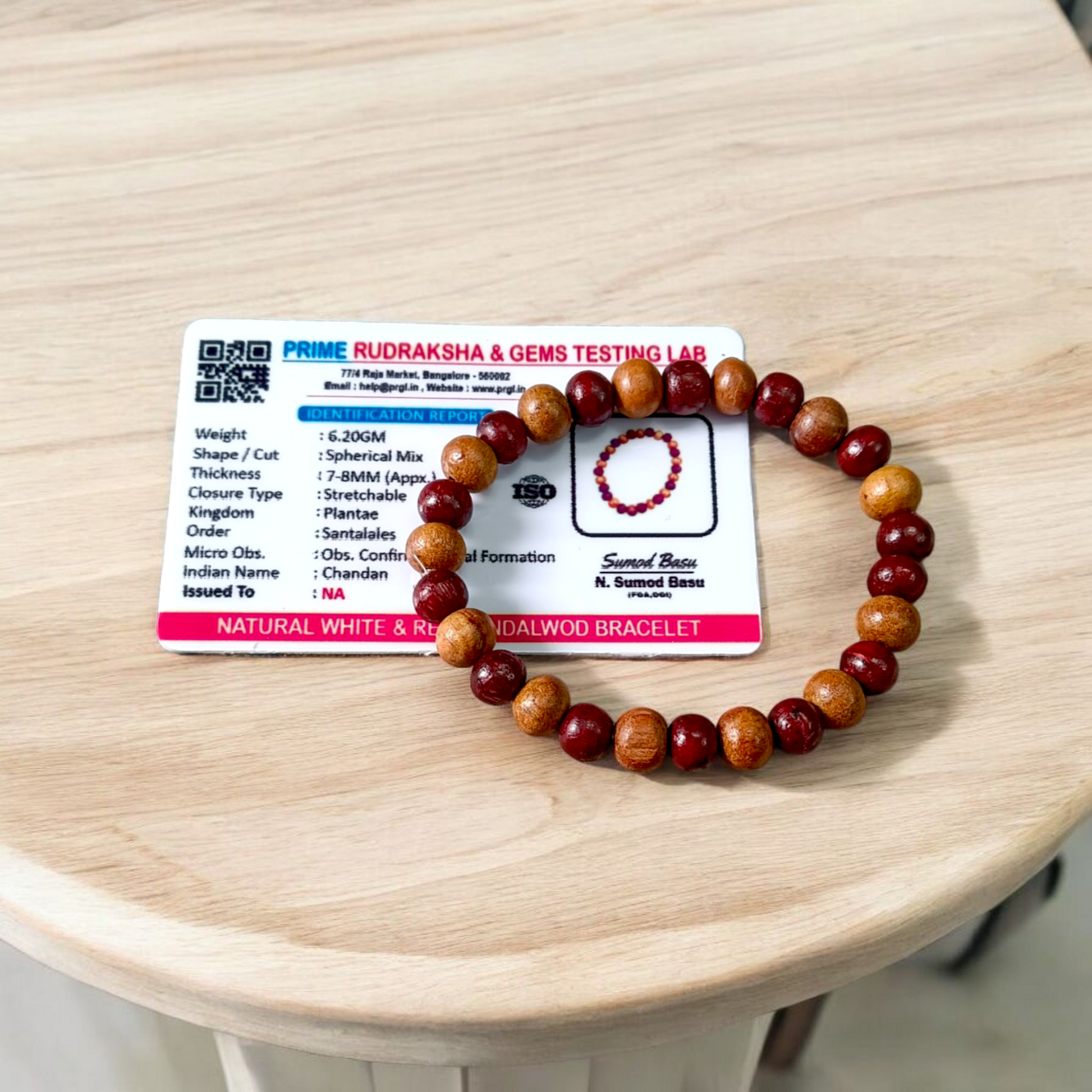 Natural White & Red Sandalwood Bracelet with 8mm stretchable beads, lab certified for meditation and healing