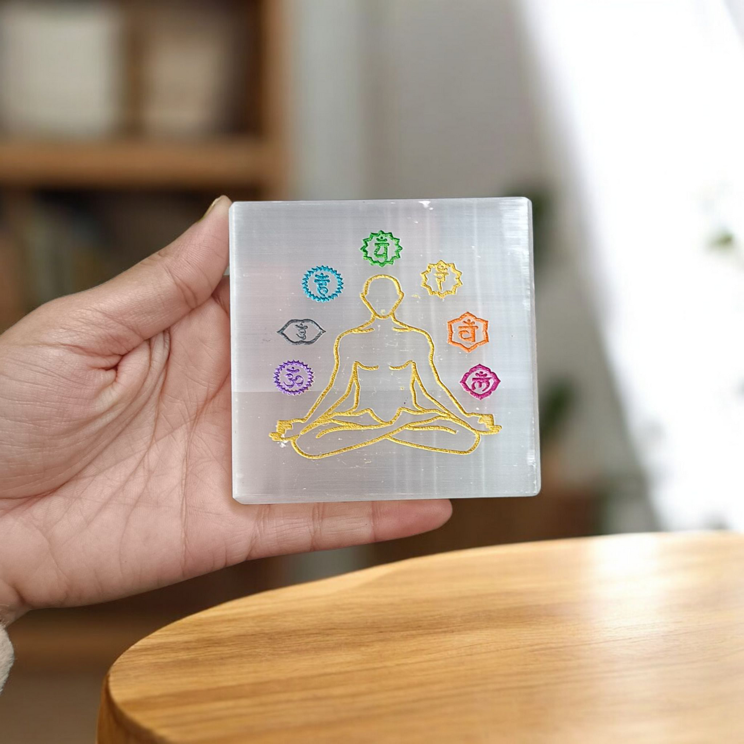 Natural lab-certified selenite charging plate with engraved 7 chakra symbols for crystal cleansing, meditation, reiki, and pooja rituals