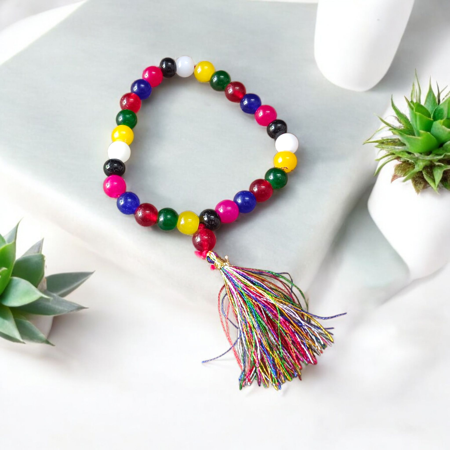 Natural multi-colored agate mala with 108+1 and 27+1 beads, 8mm size, used for meditation, healing, and spiritual protection