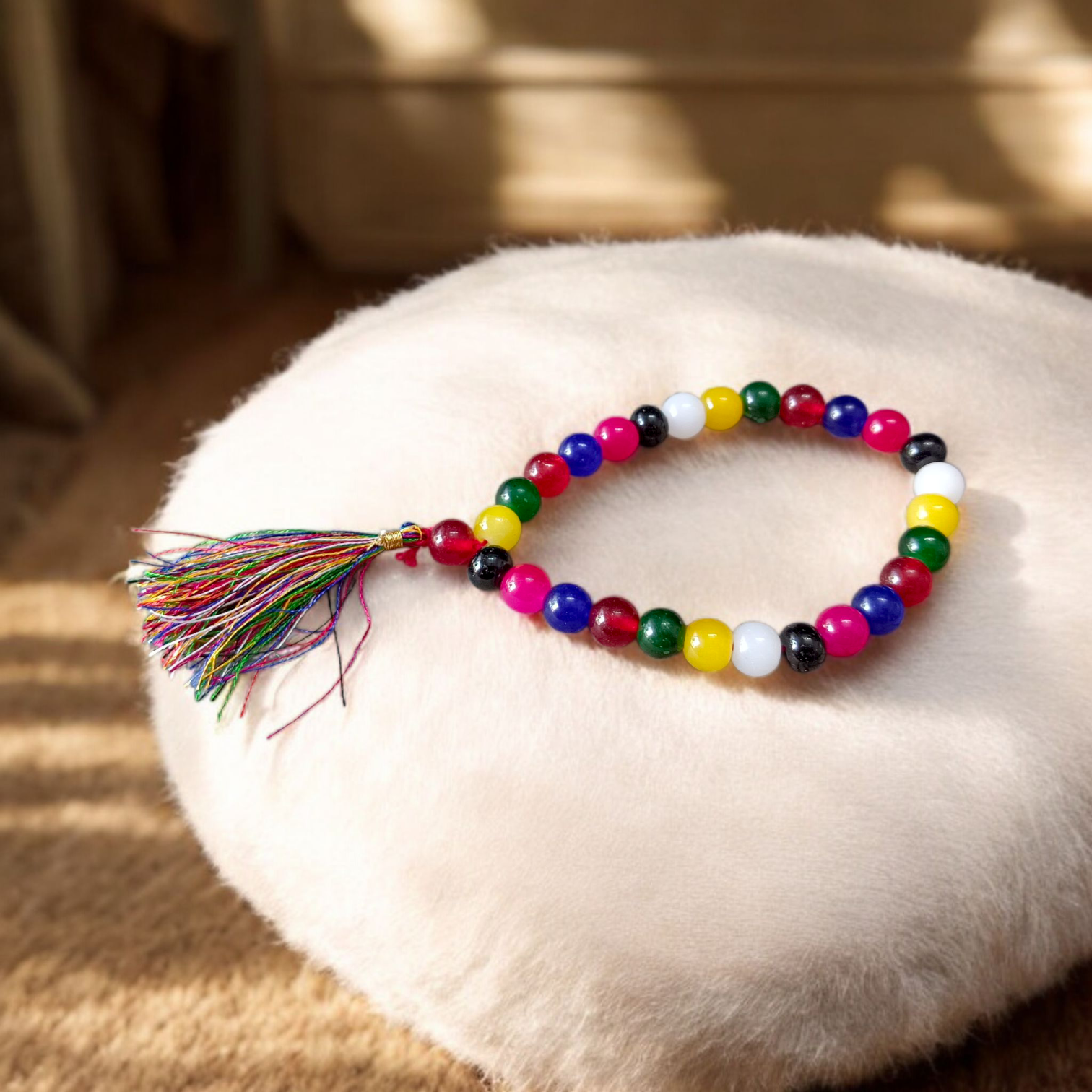 Natural multi-colored agate mala with 108+1 and 27+1 beads, 8mm size, used for meditation, healing, and spiritual protection