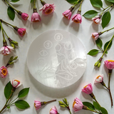 Natural selenite 7 chakra meditation plate used for crystal charging, Reiki healing, chakra balancing, and spiritual décor
