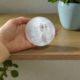 Natural selenite 7 chakra meditation plate used for crystal charging, Reiki healing, chakra balancing, and spiritual décor