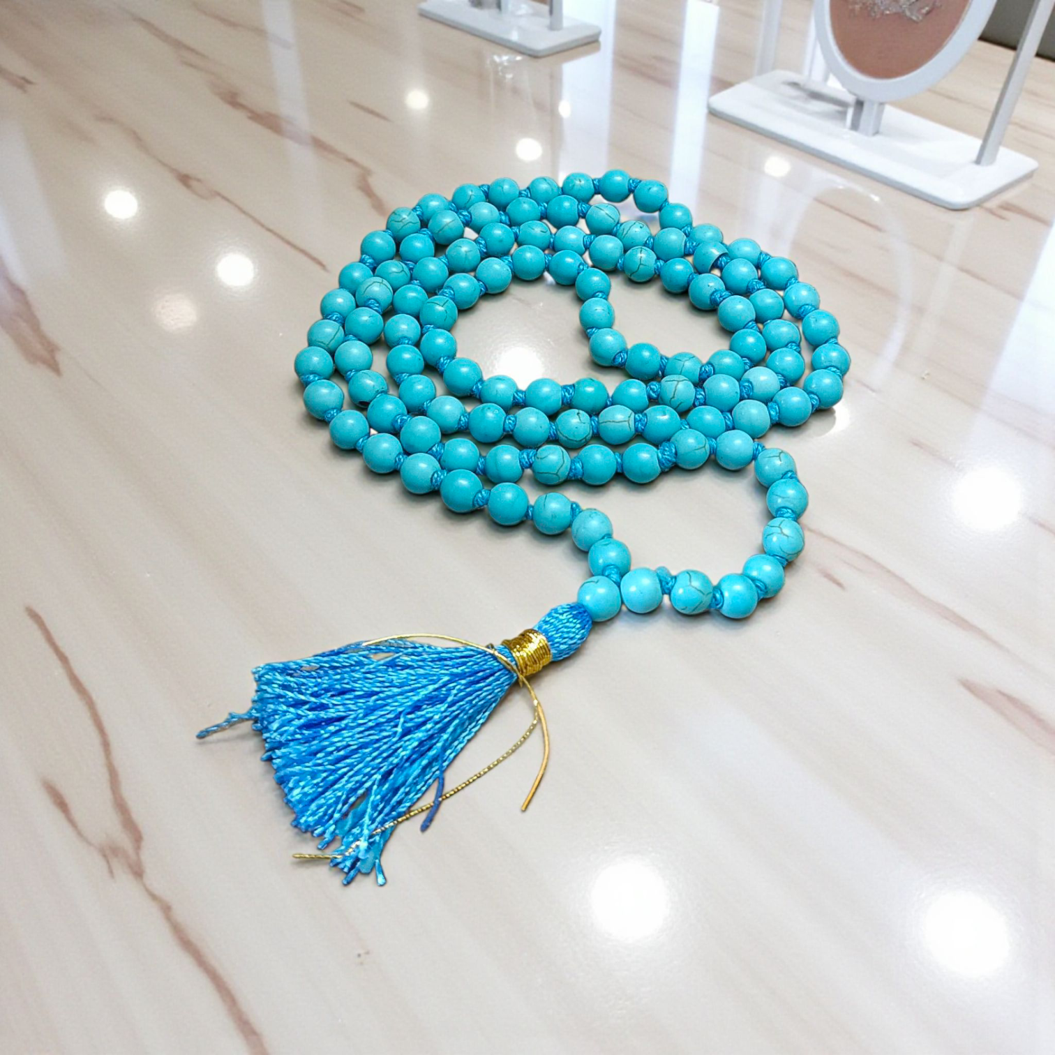 Natural turquoise mala (Firoza mala) with 108+1 beads, 6mm size, used for healing, protection, and spiritual meditation