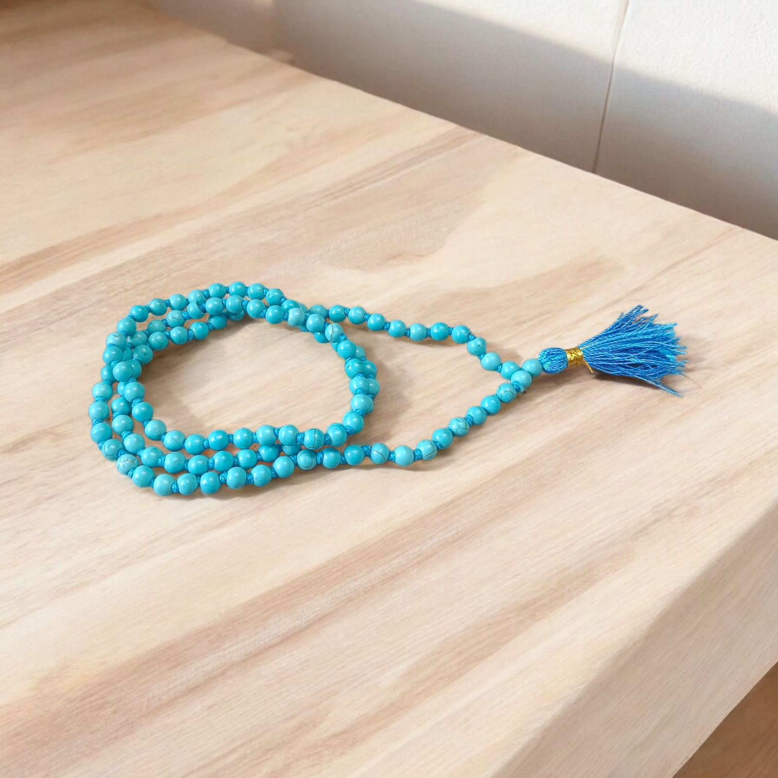 Natural turquoise mala (Firoza mala) with 108+1 beads, 6mm size, used for healing, protection, and spiritual meditation