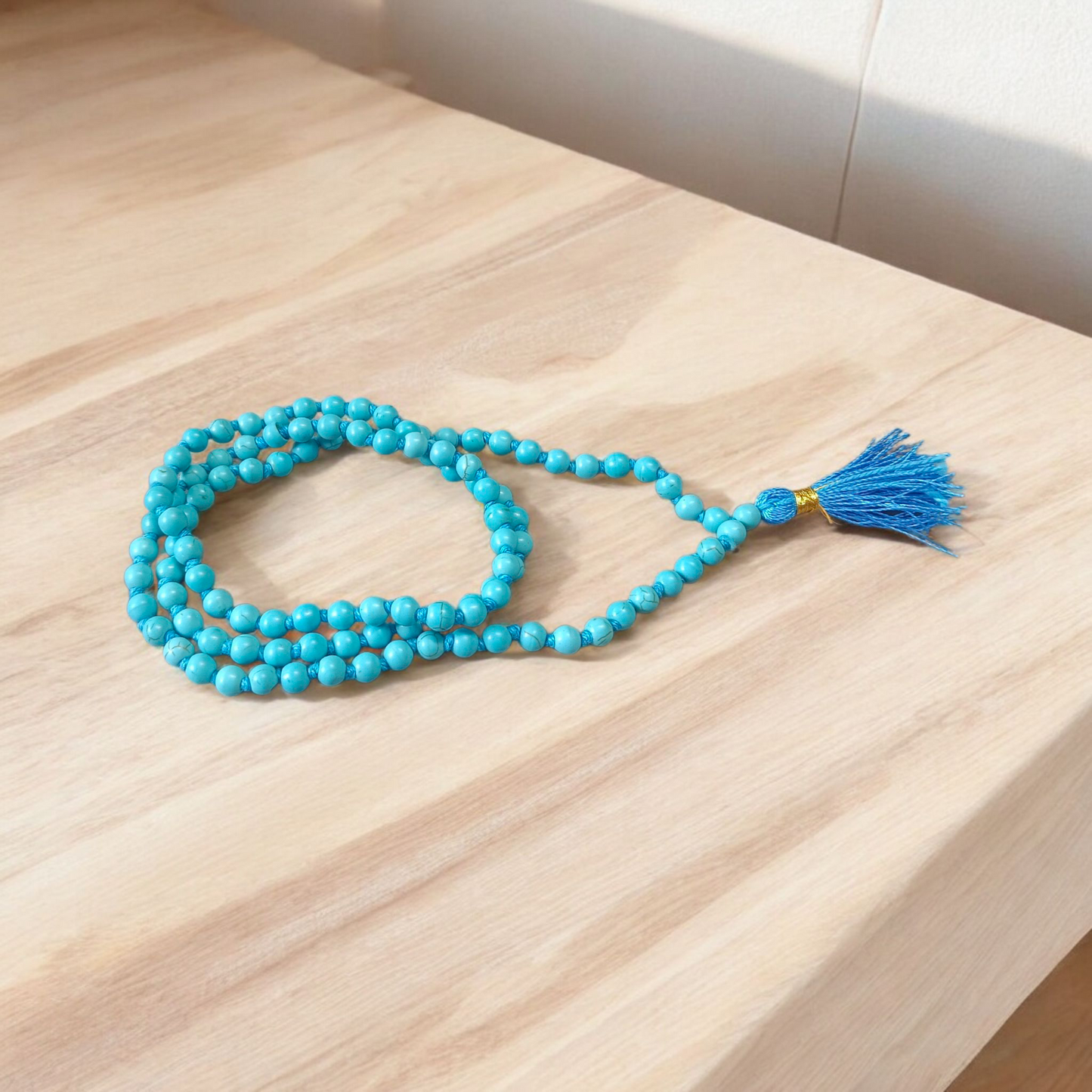 Natural turquoise mala (Firoza mala) with 108+1 beads, 6mm size, used for healing, protection, and spiritual meditation