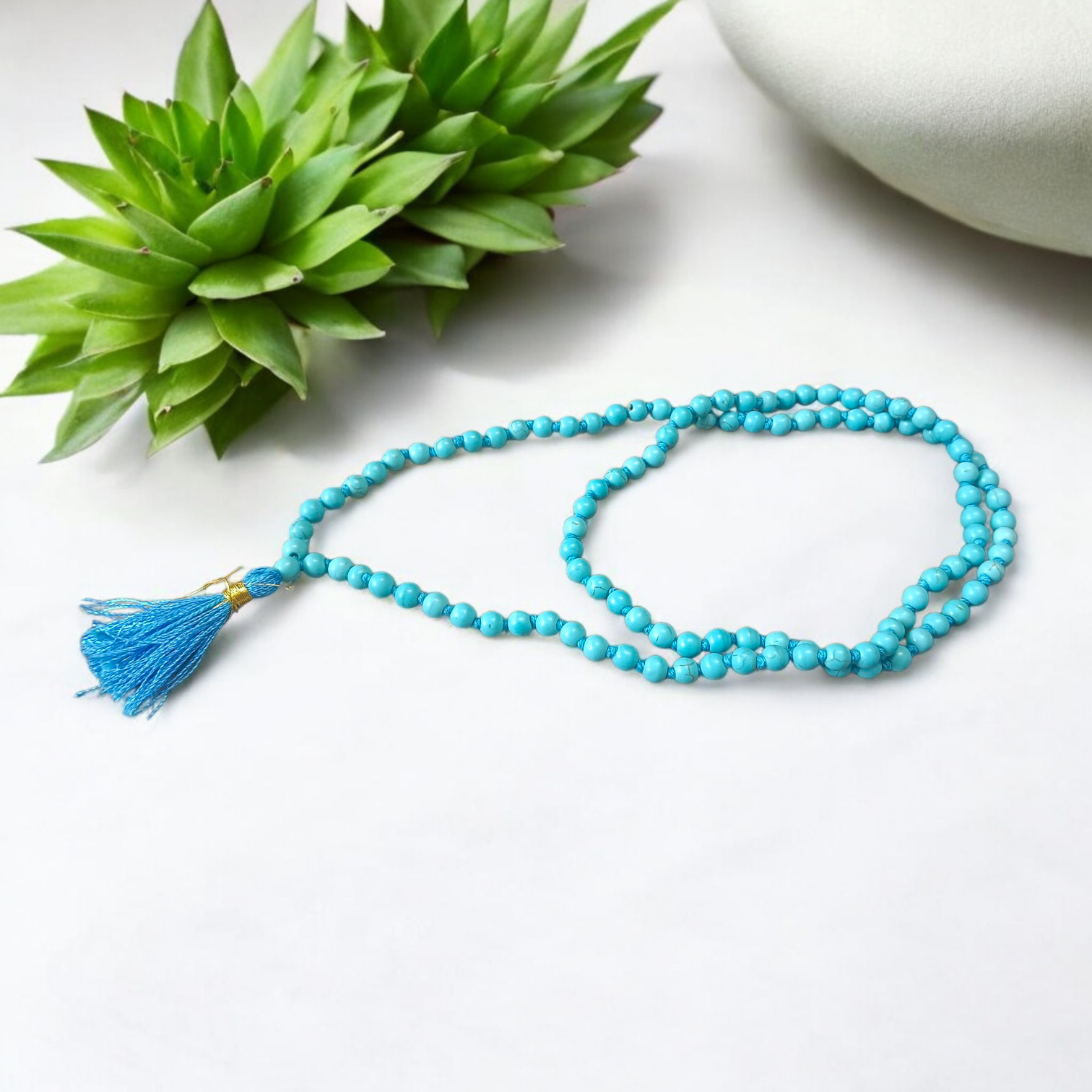 Natural turquoise mala (Firoza mala) with 108+1 beads, 6mm size, used for healing, protection, and spiritual meditation