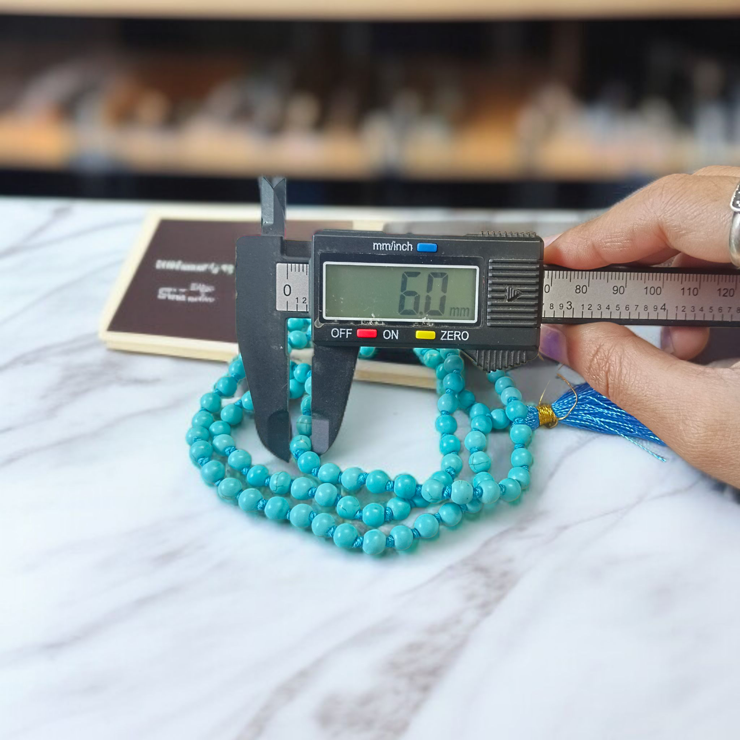 Natural turquoise mala (Firoza mala) with 108+1 beads, 6mm size, used for healing, protection, and spiritual meditation