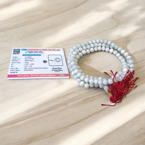 Natural White Agate Mala 108+1 Beads |  Lab Certified for Meditation & Healing