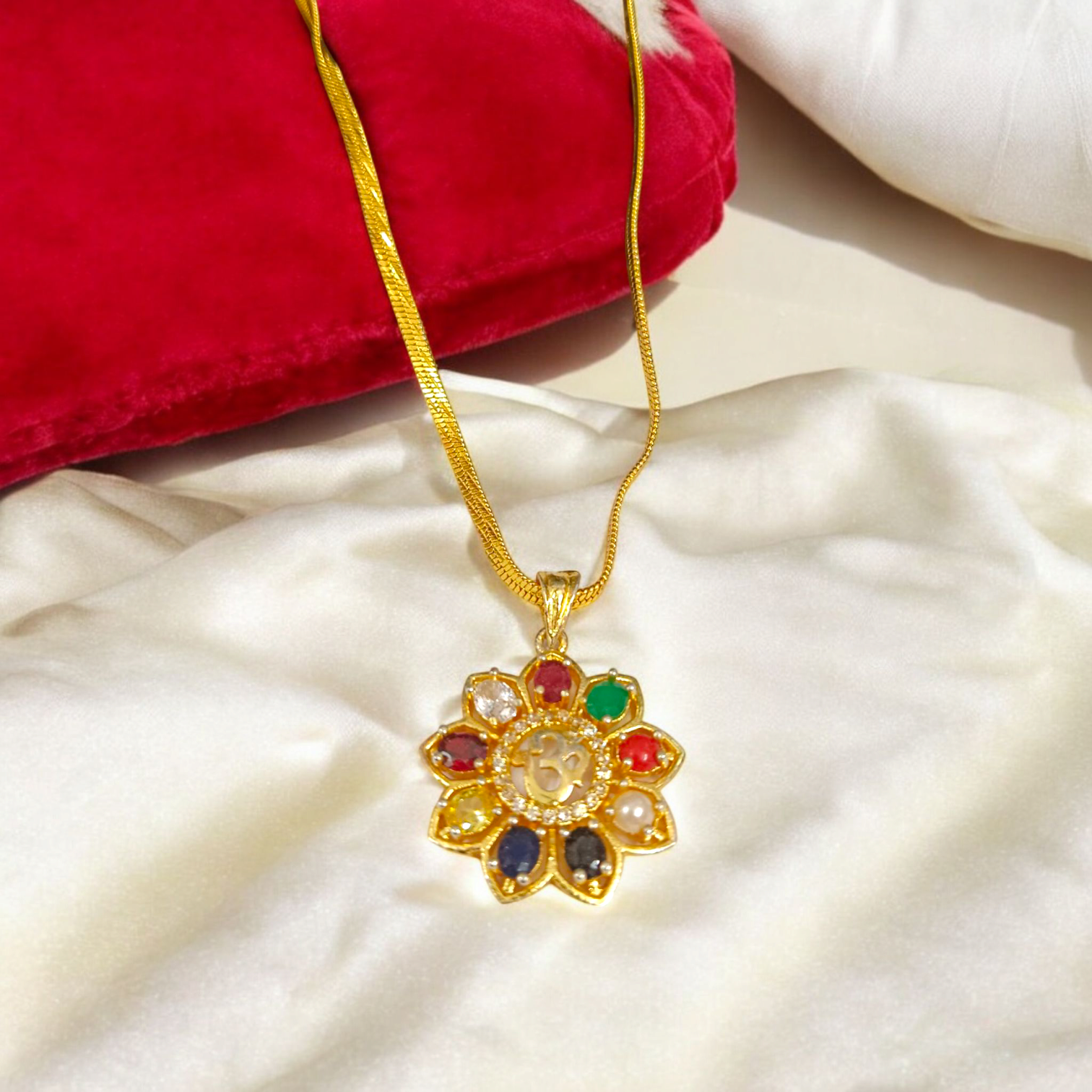 Navratan Locket | Navratan Pendant with Om Symbol and Free Gold Chain – A spiritual pendant with nine gemstones for balance, prosperity, and divine protection