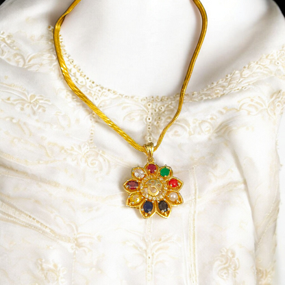 Navratan Locket | Navratan Pendant with Om Symbol and Free Gold Chain – A spiritual pendant with nine gemstones for balance, prosperity, and divine protection