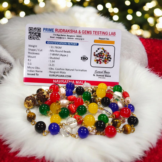 Navratan Mala made with 9 natural gemstones, featuring Rudraksha closure, ideal for planetary balance and prosperity.
