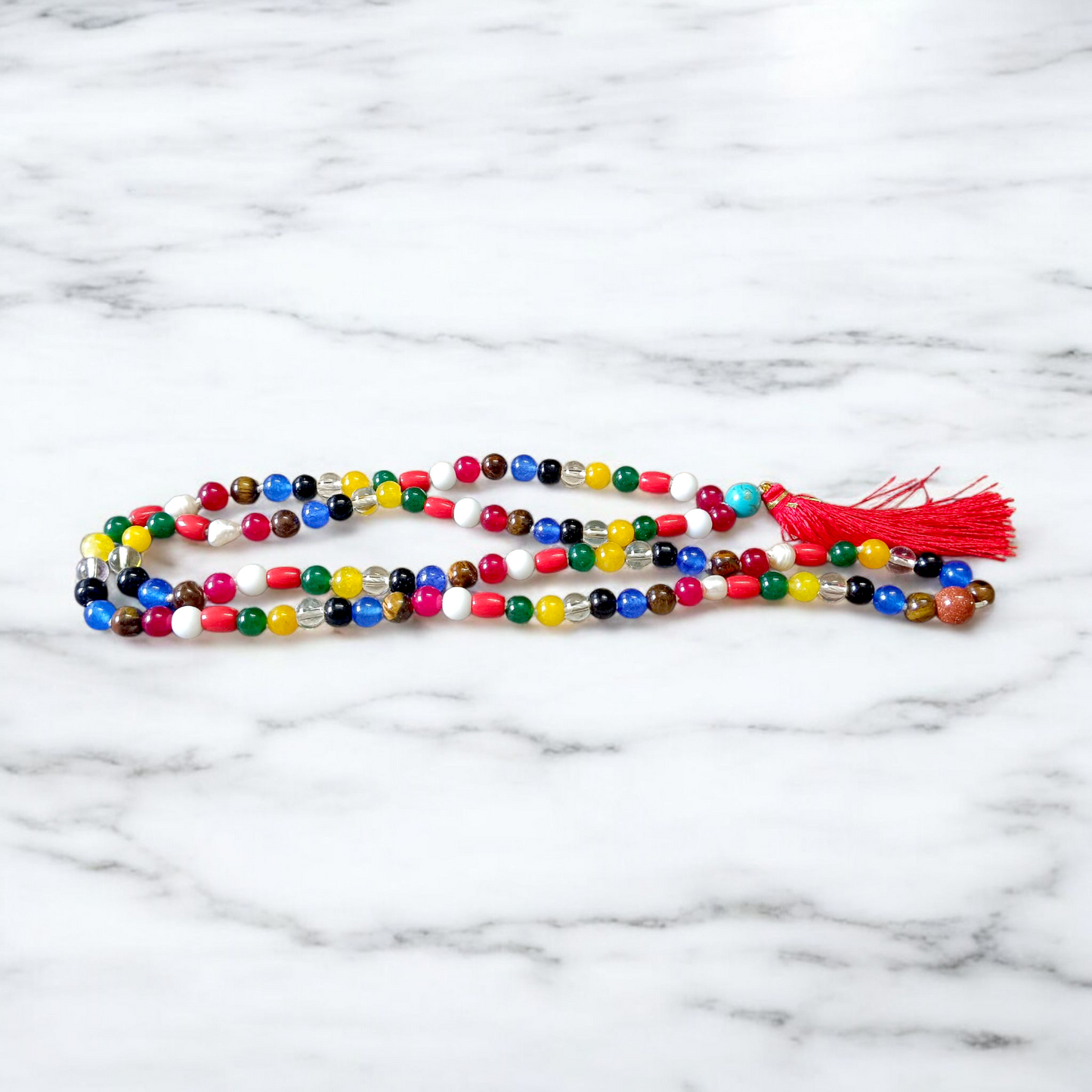 Navratan/Navgrah Mala with 108+1 natural gemstone beads, ideal for spiritual and astrological use, suitable for men and women