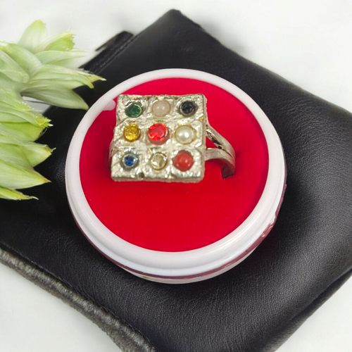 Navratan Ring Square Shape – 9 Gemstone Energized Spiritual Ring for Protection