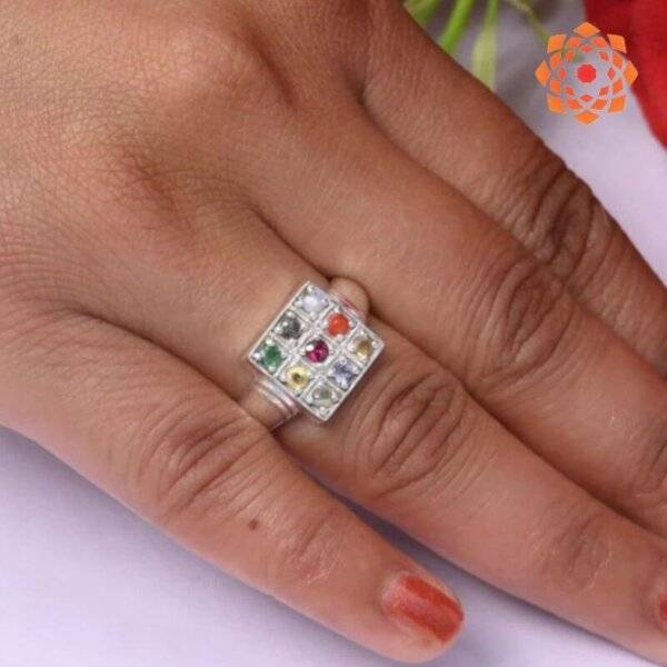 Navratan Ring Square Shape – Spiritual and astrological ring featuring nine gemstones for prosperity, health, and protection.